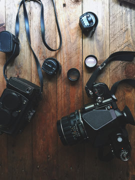 Overhead shoot of vintage film cameras