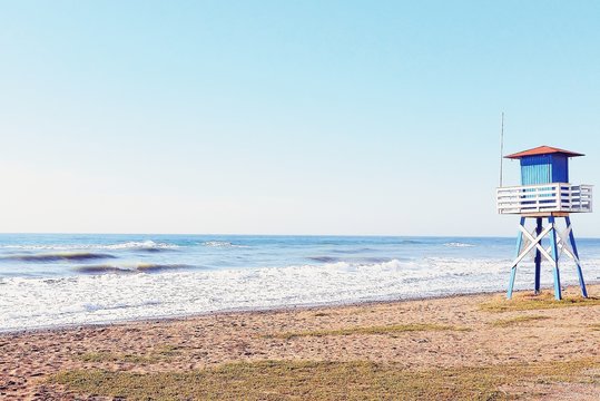 Lifeguard tower on beach, Rincon de la Victoria, Malaga, Andalucia, Spain