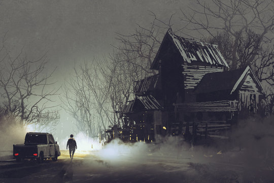 night scene of truck driver and abandoned haunted old house in forest,illustration painting