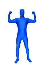 Blue man cheers with hands raised