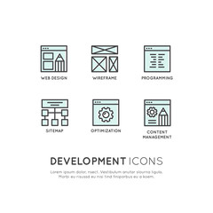 Vector Icon Style Illustration Logo Set  of Web, Mobile and App Development tools and processes, Design and Seo, Wireframing, Coding and Sitemapping