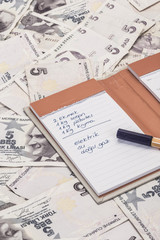 Shopping and expenses list on Turkish lira banknotes