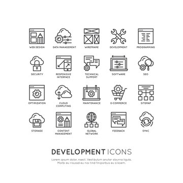 Vector Icon Style Illustration Logo Set  of Web, Mobile and App Development tools and processes,