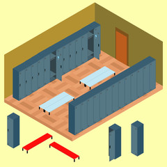Isometric locker room with a set of objects: a chair, a wardrobe - 136589878