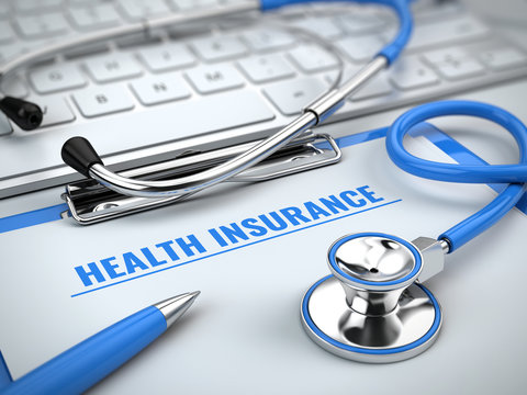 Health insurance concept - stethoscope on laptop keyboard with clipboard and pen. 3d illustration