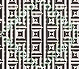 Abstract seamless black and white lines and squares and cubes are laid in rows to form a continuous pattern
