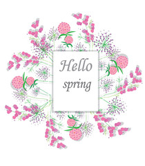 vector background with flowers and leaves and the words Hello spring