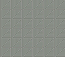 Abstract seamless black and white lines and squares and cubes are laid in rows to form a continuous pattern