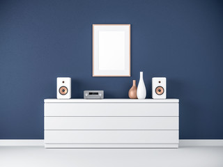 Poster Frame Mockup on bureau in modern interior, Micro hi fi stereo System, 3d rendering