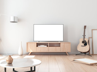 Smart Tv Mockup, living room with acoustic guitar. 3d rendering