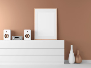 Poster with wooden Frame Mockup in modern interior, Micro stereo Audio System, 3d rendering