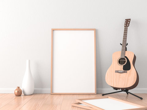 Poster Frame Mockup in modern interior with Acoustic Guitar near wall, 3d rendering
