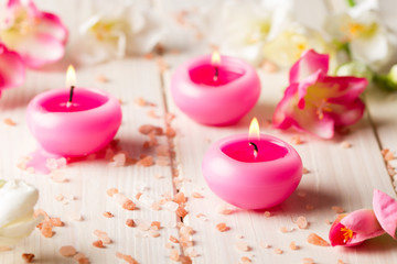 Rose candles, himalayan salt,flowers.Aromatherapy