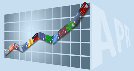 The rising annual percentage rate (APR) is illustrated with credit cards in a row going up on an APR chart.