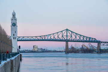 Clock Tower and Jacques Cartier Bridge in Winter, after sunset