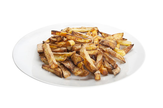Fried potatoes on a white plate isolated on white background