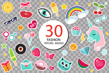 Fashion set of patches 80s comic style. Pins, badges and stickers Collection cartoon pop art with a unicorn, rainbow, lips, emoji. Isolated on transparent background. Vector illustration - obrazy, fototapety, plakaty