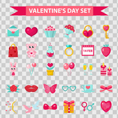 Valentines Day icons flat style, isolated on transparent background. Vector illustration