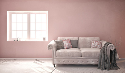 3d illustration, interior with  velvet sofa.