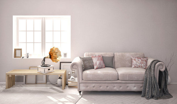 3d illustration, interior with  velvet sofa.