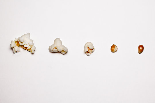 stages of preparation of popcorn on a white background