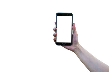 Hand holding smart phone on white background