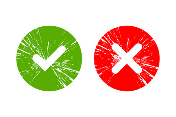 Tick and cross grunge signs. Green checkmark OK and red X icons, isolated on white background. Simple marks graphic design. Symbols YES and NO button for vote, decision, web. Vector illustration