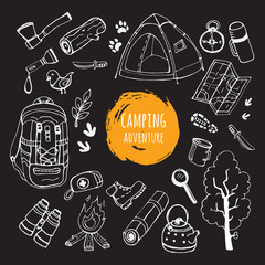 Set of hand drawn camping equipment symbols and icons.