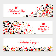 Vector creative horizontal banner set of Golden Glitter, Line, Color Hearts. Modern Valentines Day, Wedding, Anniversary, Birthday, Party Invitation background.