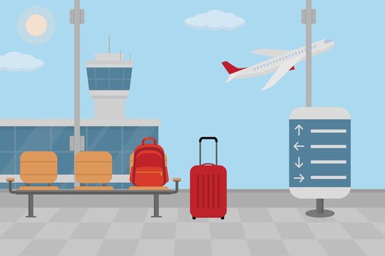 Background of hall at airport. Flat style, vector illustration.

