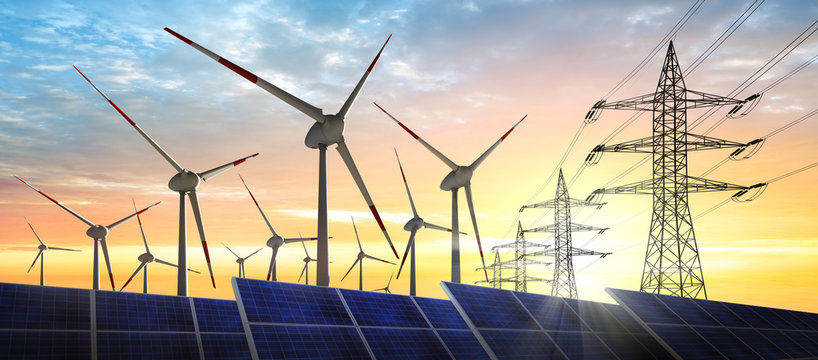 Konzept - Energiequelle Wind und Solar mit Stromleitungen