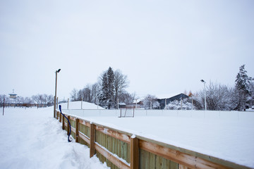 An outdoor ice skating rink and a hockey net with tall frost covered trees in the background in a winter landscape
