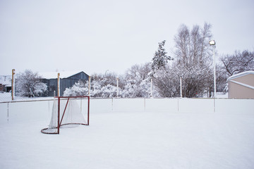 An outdoor hockey rink with one net surrounded by frost covered trees in a white winter