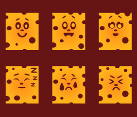 Set of yellow cheese with emotions on a burgundy background. Emotional icons. Funny, laughing, in love, sleep, crying, unhappy.