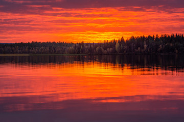 Red sunset on the lake, Finland