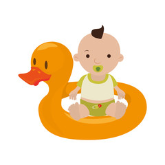 Inflatable duck with baby boy vector illustration