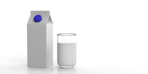 White blank carton box and glass of milk. 3d illustration