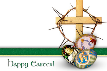 Easter resurrection background with a cross, crown of thorns and painted Easter eggs