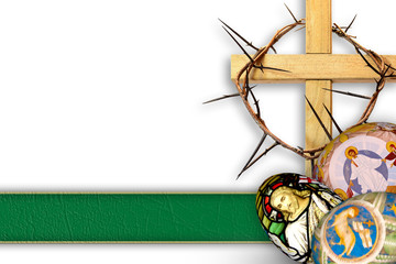 Easter resurrection background with a cross, crown of thorns and painted Easter eggs
