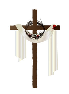 Easter resurrection background with a cross, bloody white cloth