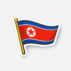 Vector illustration. Flag of North Korea on flagstaff. Checkpoint symbol for travelers. Cartoon sticker with contour. Decoration for greeting cards, posters, patches, prints for clothes, emblems