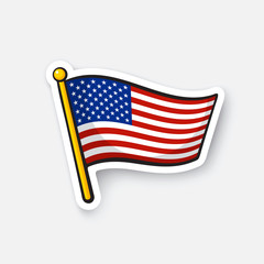 Vector illustration. Flag of the United States on flagstaff. Checkpoint symbol for travelers. Cartoon sticker with contour. Decoration for greeting cards, posters, patches, prints for clothes, emblems