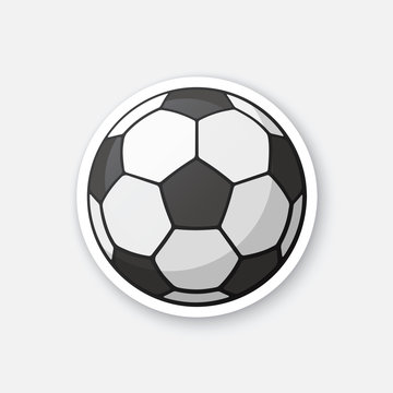 Vector illustration. Leather black and white soccer ball. Sports equipment. Cartoon sticker in comics style with contour. Decoration for greeting cards, posters, patches, prints for clothes, emblems