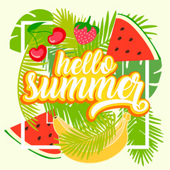 Tropical fruit background with leaves. Hello summer typographic vector illustration.
