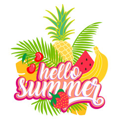 Tropical fruit background with leaves. Hello summer typographic vector illustration.