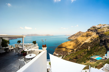 Blick von Thira, Santorin über das Mittelmeer, Griechenland