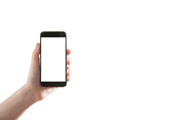Hand girl holding a mobile phone on a white background
