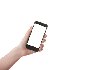 Hand girl holding a mobile phone on a white background