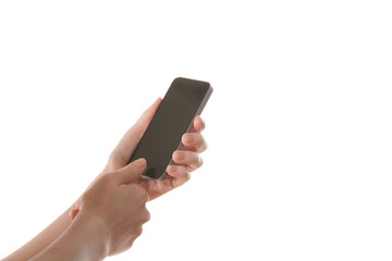 Hand girl holding a mobile phone on a white background