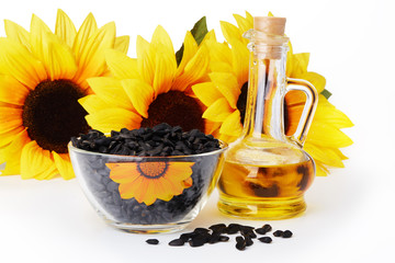 Sunflower oil, seeds and sunflowers.